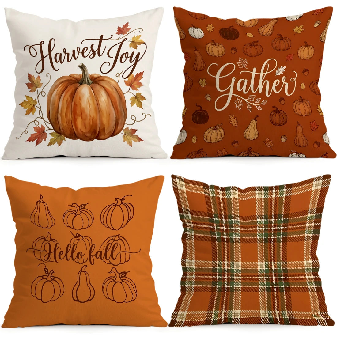 Warm Orange Plaid Harvest Pumpkin Cushion Cover - 45x45cm Polyester Decor Pillowcase