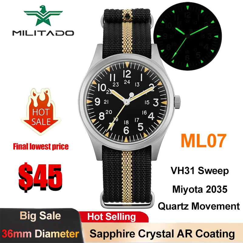 Military Style Quartz Watch with Sapphire Crystal 100m Waterproof Luminous Men’s Watch
