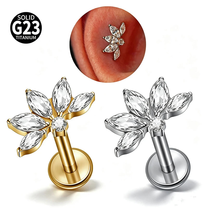 Titanium Labret Lip Piercing Ring with Zircon Flower 16G – Hypoallergenic Jewelry