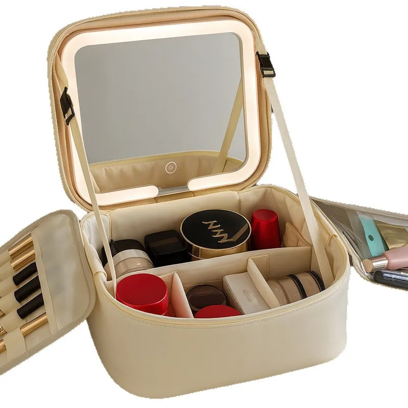 Large Capacity Travel Makeup Bag with LED Mirror and Organizer - Portable Women's Cosmetic Case