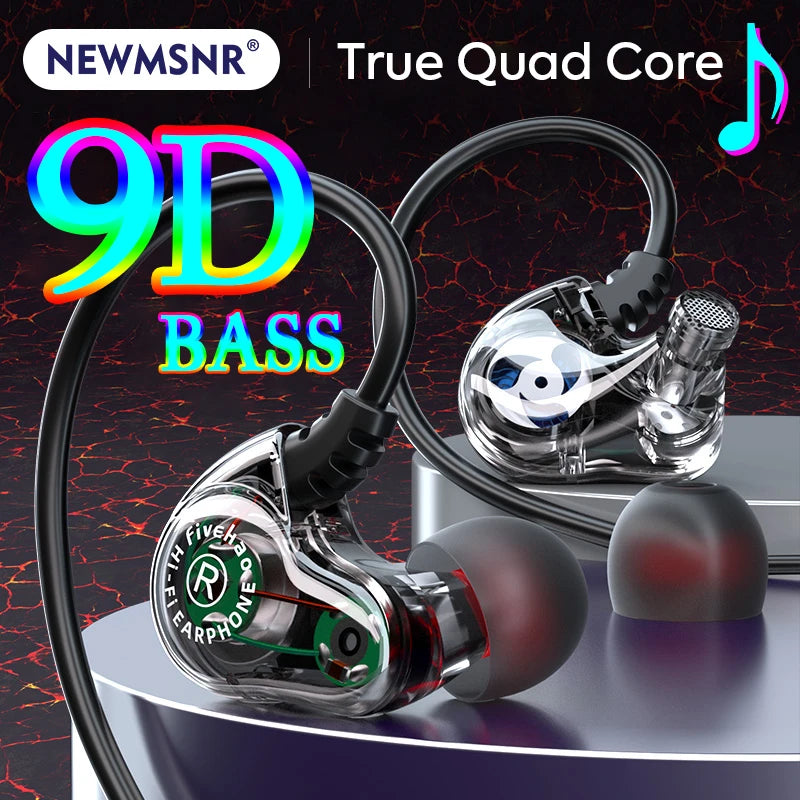 Quad Core 9D Surround Sound Earphones with Noise Reduction In-Ear Headphones for Gaming and Samsung
