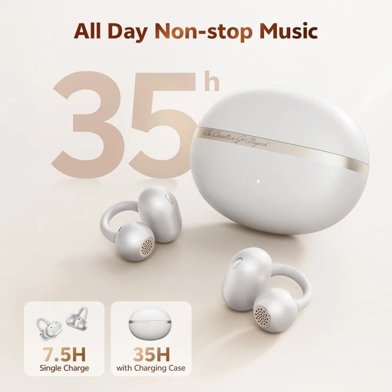 Wireless Bluetooth Earbuds with Open-Ear Clip-On Design, 35H Battery, Dual Mic, Waterproof