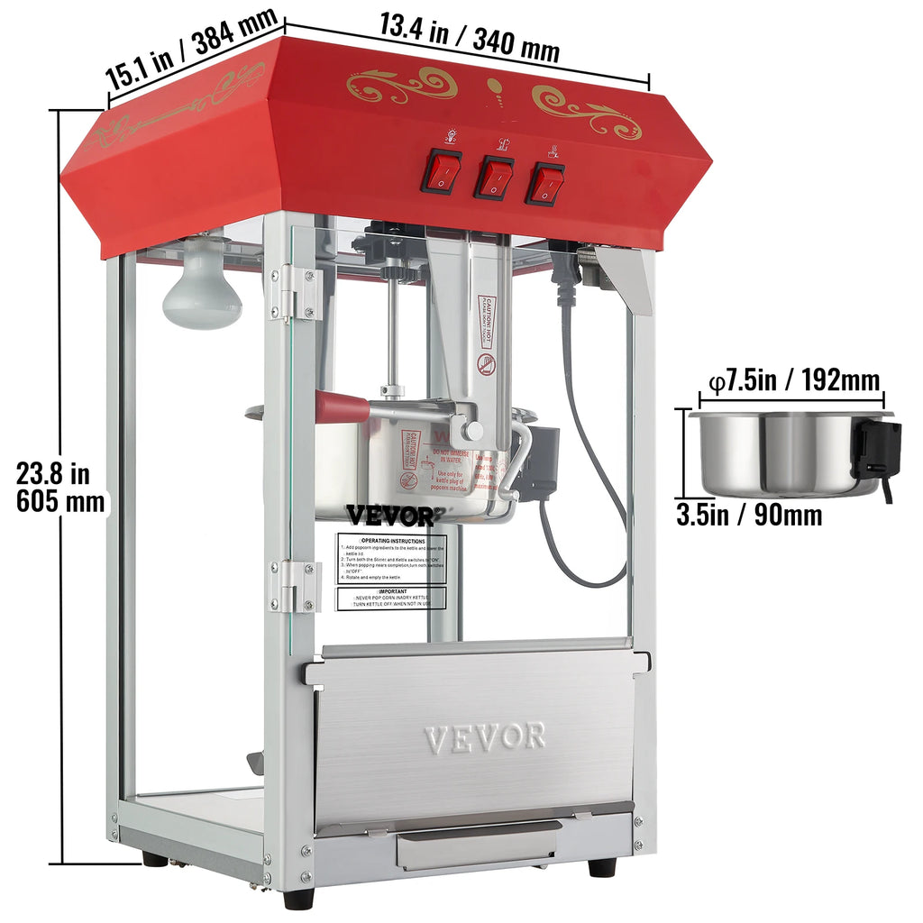 Commercial Electric Popcorn Maker 8/12 Oz with Scoop & SUS304 Heating Tube