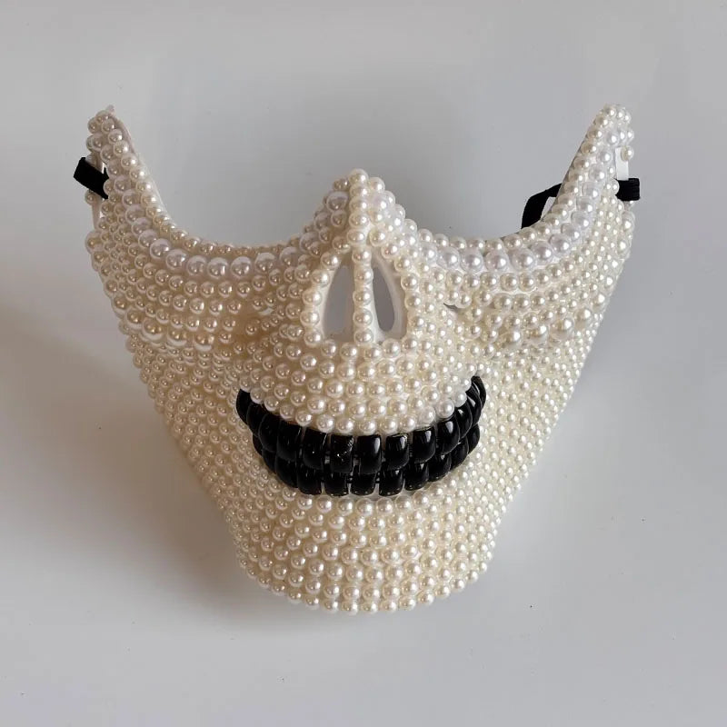 Handmade Ghost Rider Carnival Mask with Pearl Decor - Spooky Unisex Half Face Halloween Mask