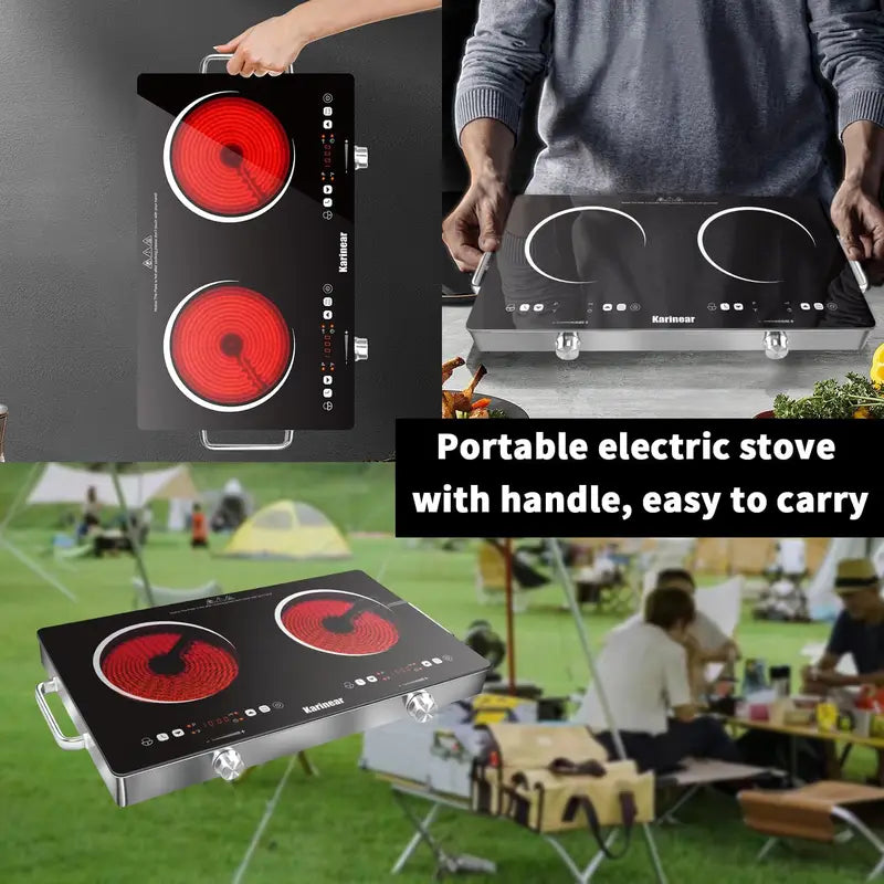 Portable Ceramic Electric Hob 2 Zones 3200W with Safety Lock & Touch Control