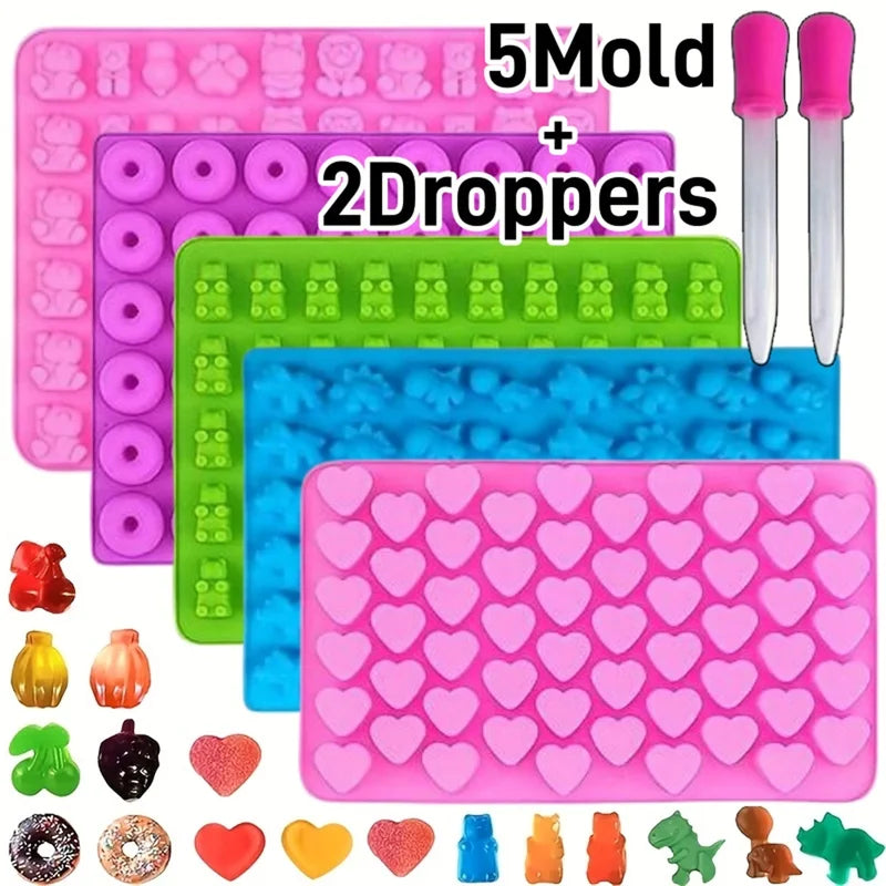 Gummy Bear Candy Mold Kit with 2 Droppers - Silicone Non-Stick Chocolate & Jelly Molds, Multi-Shape Kitchen Tool Set