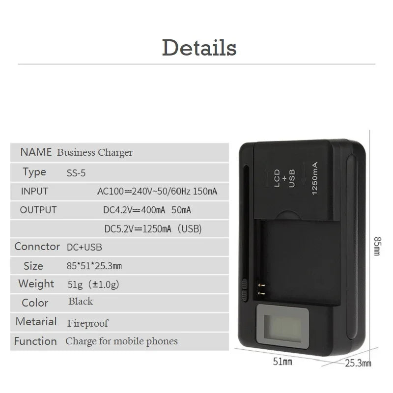Universal Battery Charger with LCD Screen USB Port for 32-55mm Lithium-Ion Batteries, Multi-Voltage US UK EU Plug