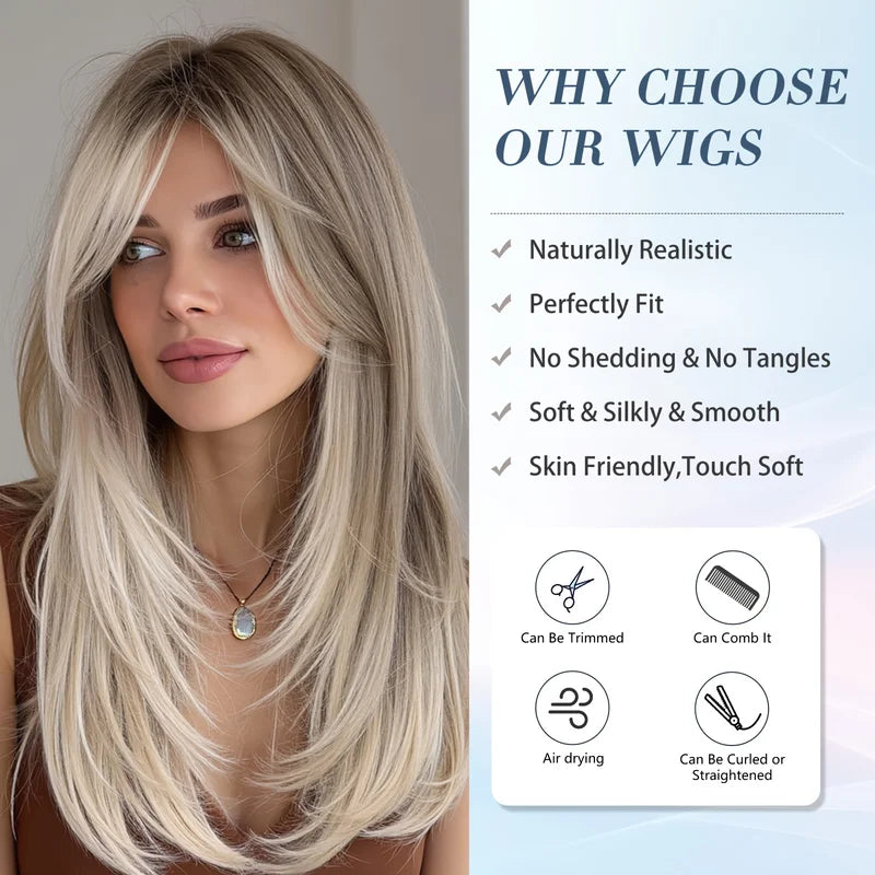 Ash Grey Brown Ombre Synthetic Wig with Curtain Bangs for Women - Layered, Straight Hair