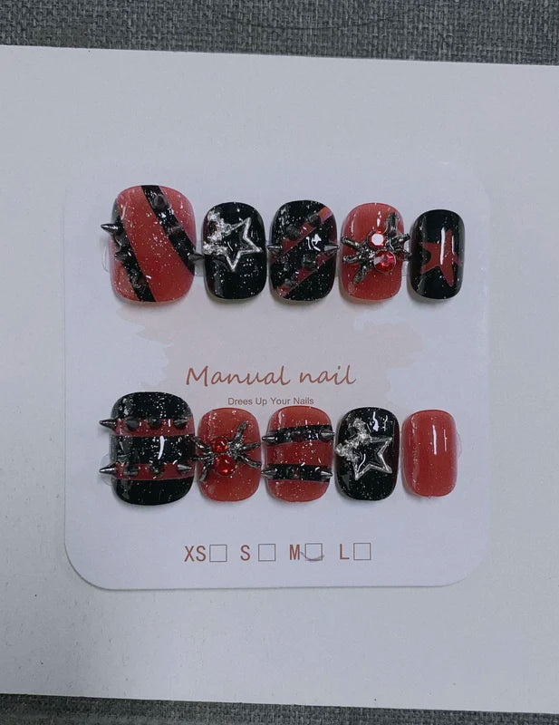 10-Piece Fake Nail Set for Dark Punk Y2K Style - Short Square, Multi Color