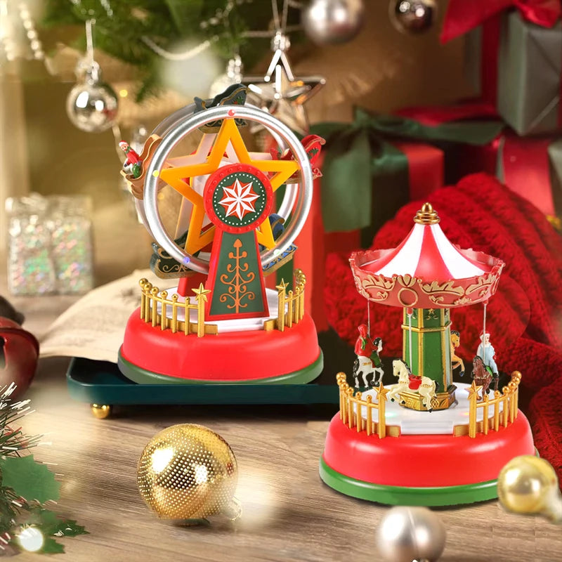 LED Christmas Carousel Decoration Music Box with Lights and Rotating Village Scene