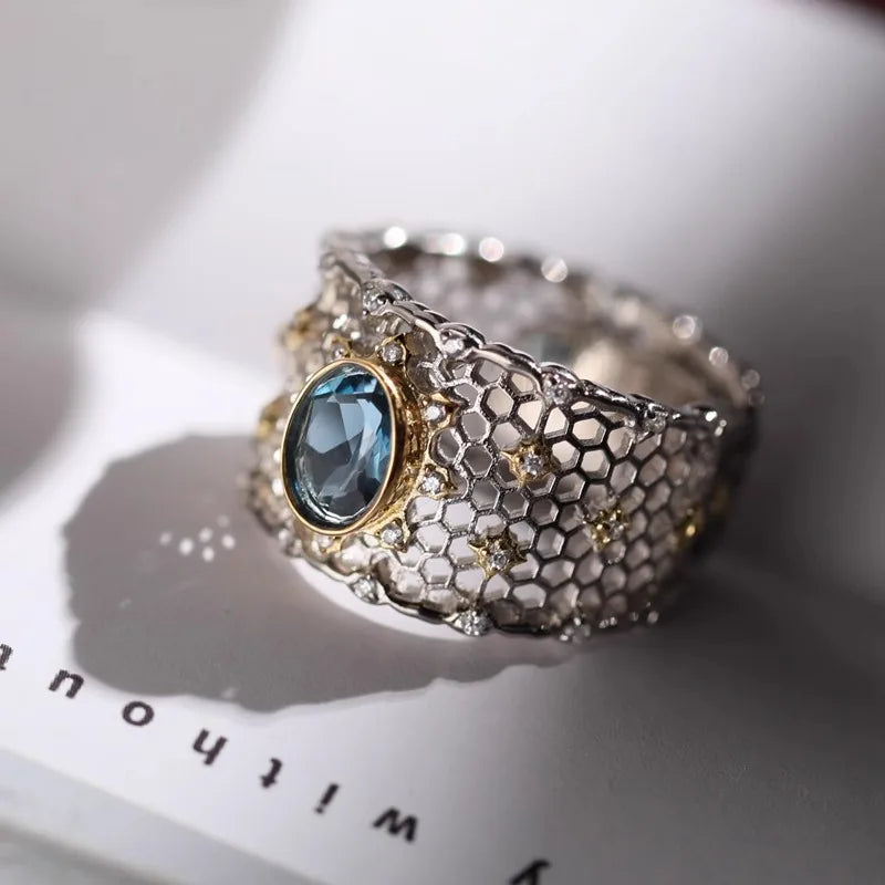 Vintage Sterling Silver Topaz Ring for Women - Gift Jewelry with Lace Hollow Design