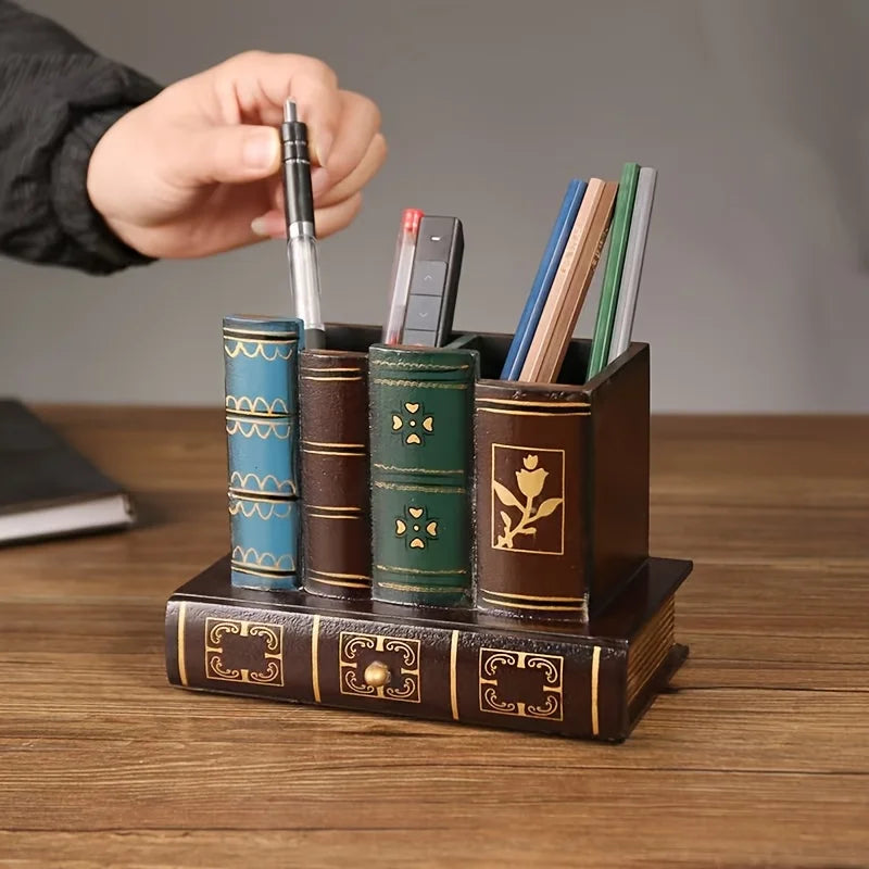 Vintage Wooden Pen Holder Desk Organizer Home Office Storage