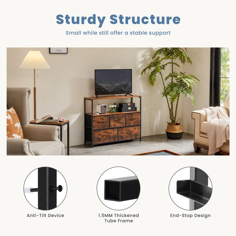 Bedroom TV Stand with 5 Fabric Drawers Storage Closet Chest - Multi-Use Dresser