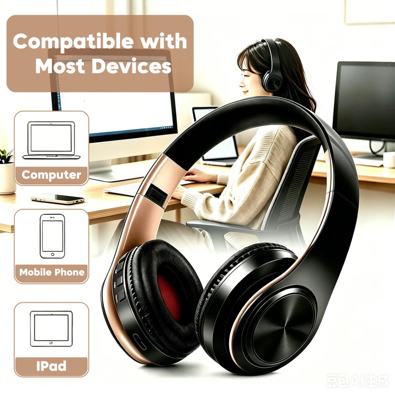 Wireless Bluetooth Headphones with FM Radio Support SD Card Mic Long Battery Life