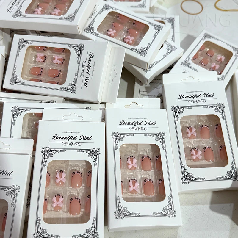 24Pcs Short Square Leopard French False Nails with Bowknot - Autumn & Winter Wearable Fake Nails