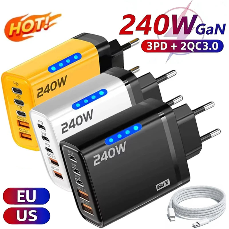 5 in 1 GaN USB-C Desktop Charger 240W Fast Phone Adapter with Braided Cables