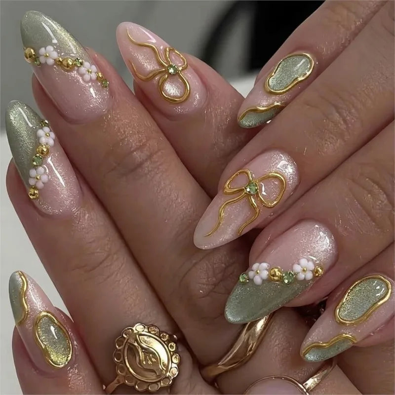 Press On Nail Set with 3D Gold Bow & Mini Flowers - Medium Almond, Full Cover