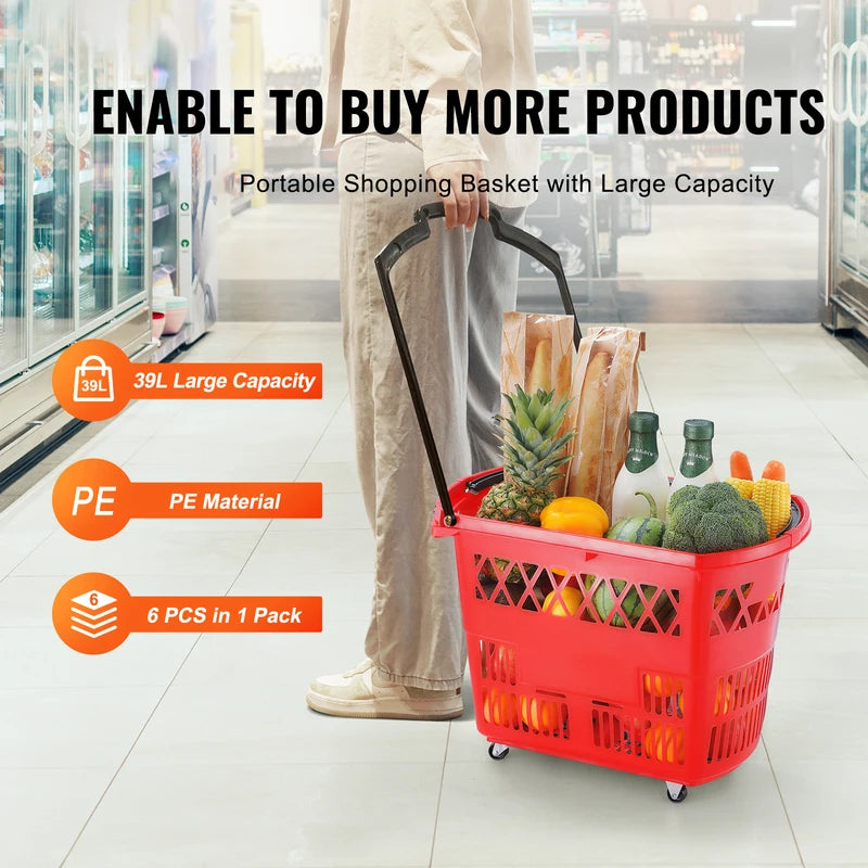 6-Pack Heavy-Duty Shopping Baskets with Wheels - 39L Capacity, Portable Grocery Carts