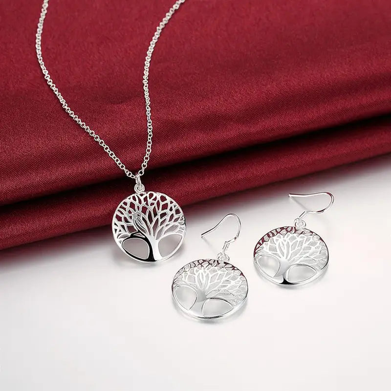 925 Sterling Silver Leaf Pendant Necklace and Earrings Jewelry Set for Women