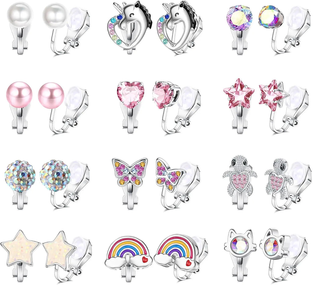 12 Pairs Clip-On Earrings Set for Women CZ, Pearl, Star, Heart & Butterfly Jewelry