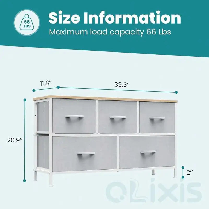 Fabric Dresser with 5 Drawers and Wooden Top - Metal Frame Storage Cabinet