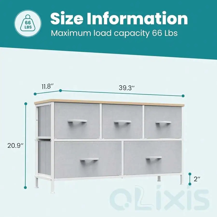 Fabric Dresser with 5 Drawers and Wooden Top - Metal Frame Storage Cabinet