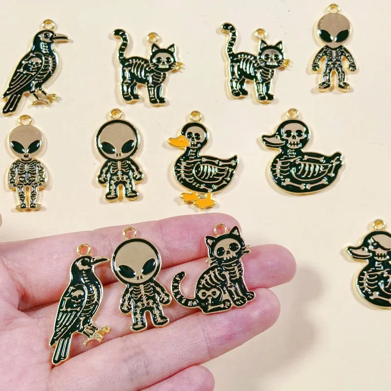 Halloween Skeleton Crow Duck Cat Alien Charms 10pcs Jewelry Pendants for Earrings & Crafts