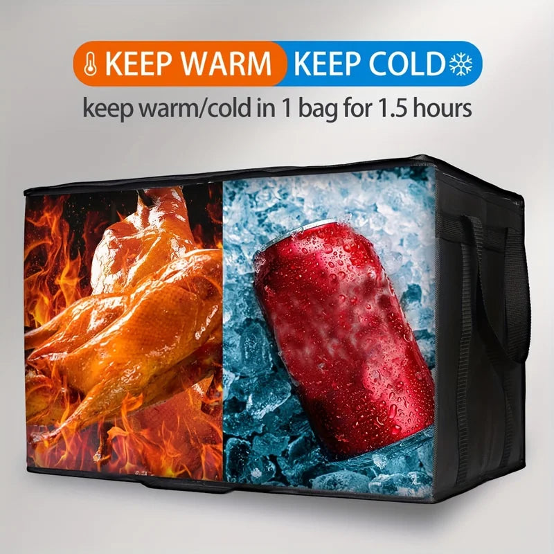 Large Reusable Insulated Food Bag - Foldable Hot Cold Takeout Tote