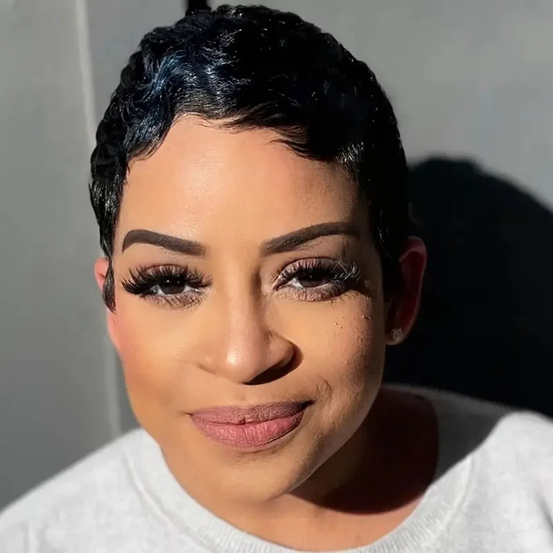 Curly Human Hair Wigs for Women - Short Pixie Cut Brazilian Hair, Full Machine Made