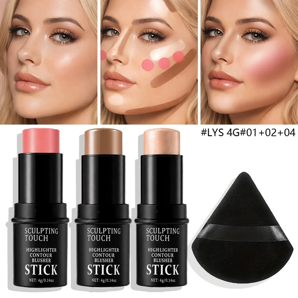 Face Sculpting Makeup Set - Cream Blush, Contour, Highlighter & Sponge