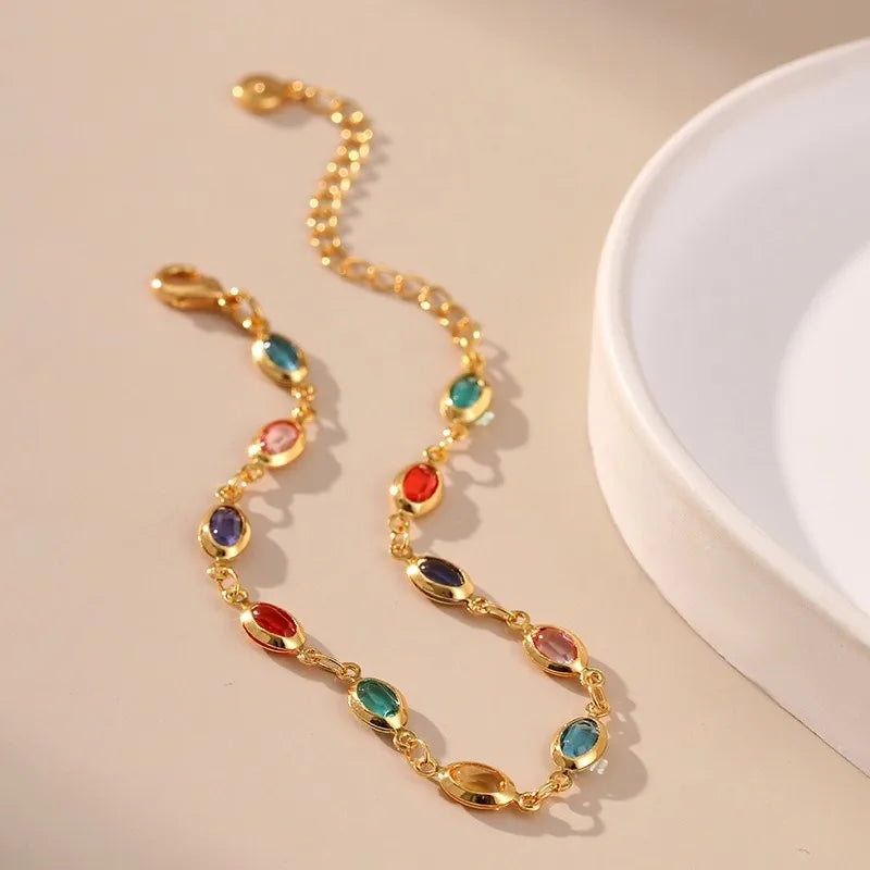 Colorful Rhinestone Beaded Bracelet for Women - Gold Plated Party Jewelry