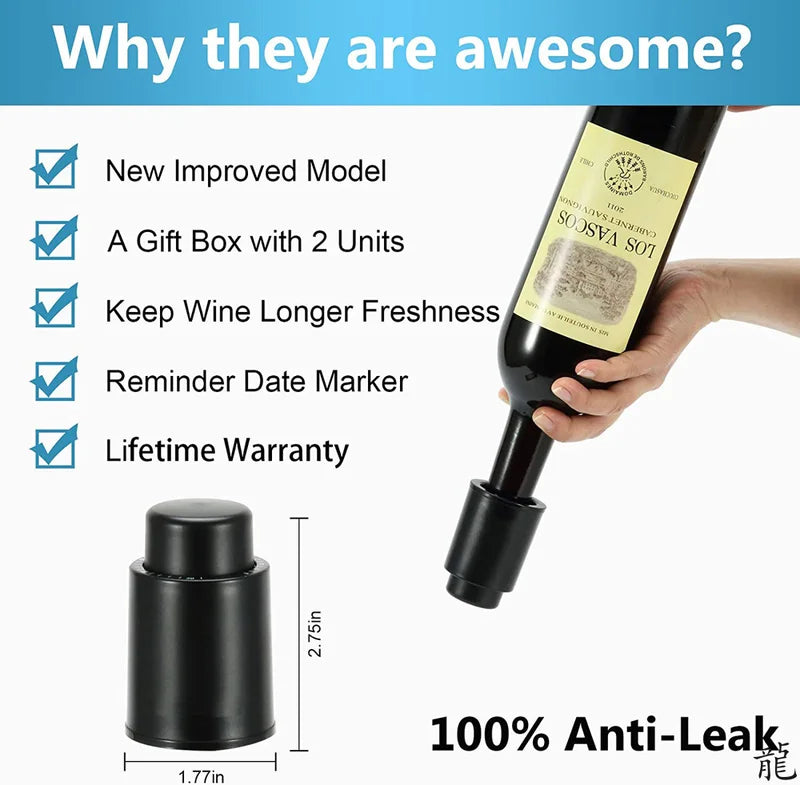 Reusable Vacuum Wine Bottle Stoppers with Date Record - Keep Wine Fresh