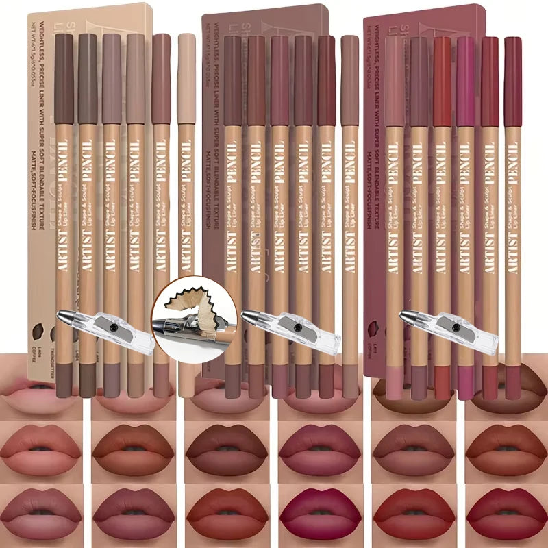 Lip Makeup Set with 6 Matte Lip Liners & Sharpener - Waterproof & Long-Lasting