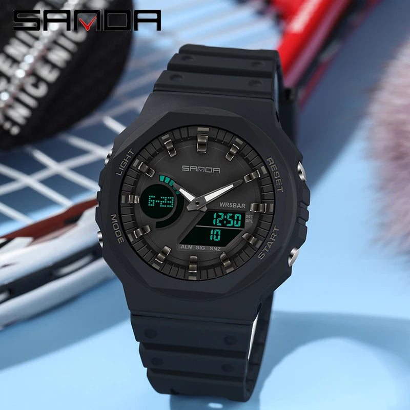 Men's Luxury Quartz Sport Watch with Dual Digital Display, Waterproof 50M