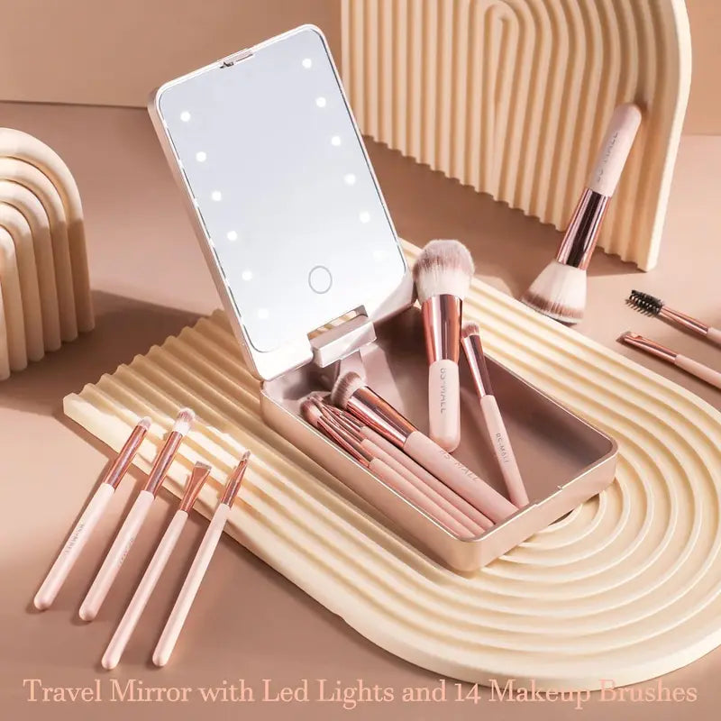 14-Piece Makeup Brush Set with LED Mirror - Travel Cosmetic Face & Eye Brushes