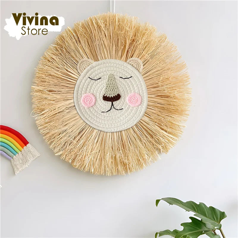Nordic Hand Woven Lion Wall Decor Cartoon Animal Head Wall Hanging Children Room Art