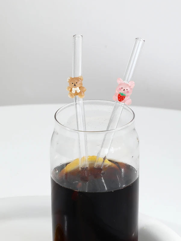 Cartoon Rabbit & Bear Glass Drinking Straws, Reusable Bendable Drinkware for Smoothies & Cocktails