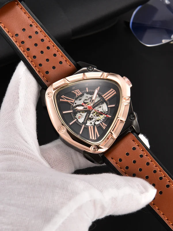 Men's Automatic Skeleton Watch with Leather Strap Waterproof and Luminous Dial