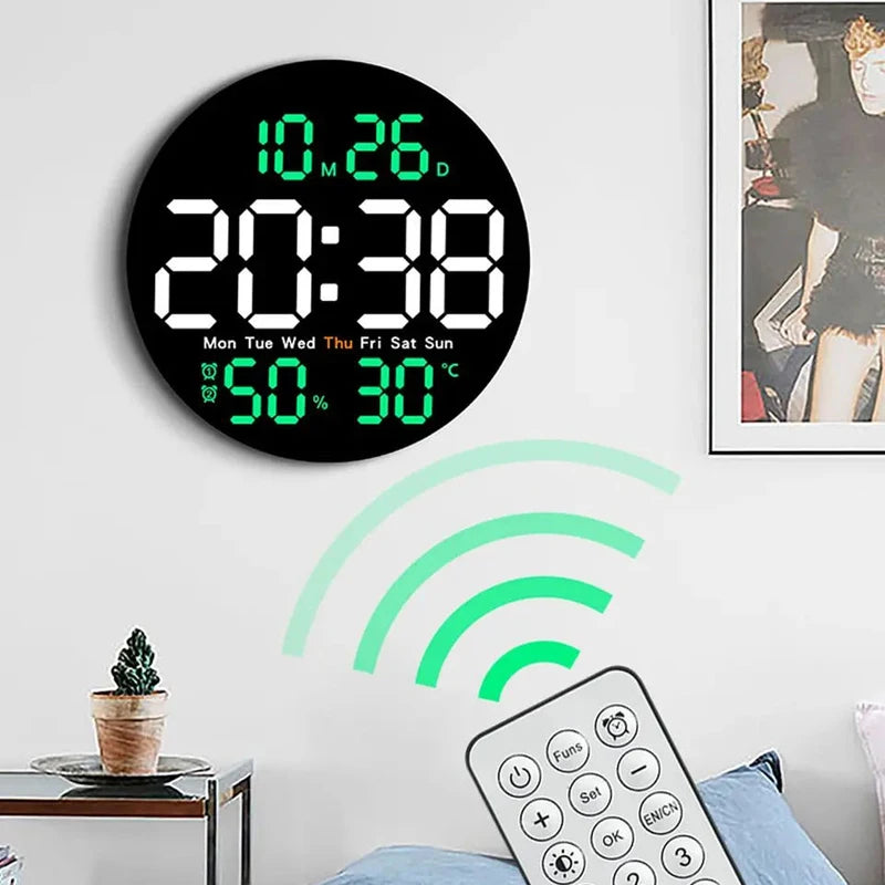 LED Wall Clock with Dual Alarms, Calendar, Temperature & Brightness Adjustable for Home