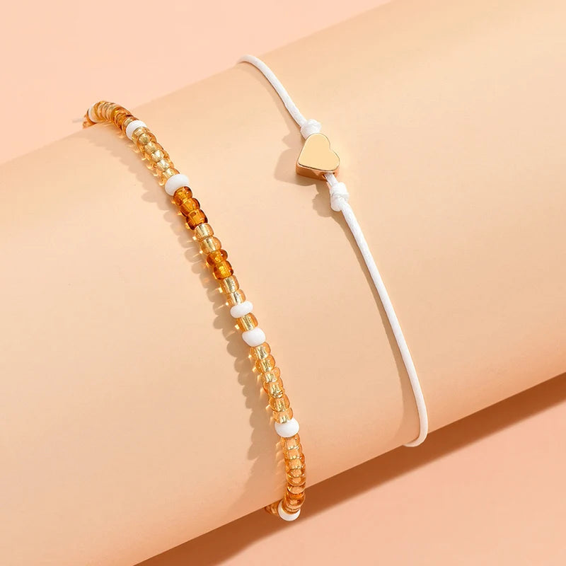 Colorful Beaded Anklet Foot Jewelry with Heart Pendant for Summer Beach Bridal