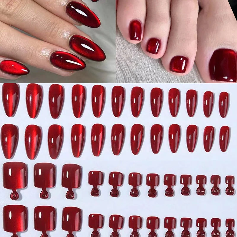 48Pcs Blood Red Crystal Cat Eye False Nails Set Short Square Toe Tips for Women