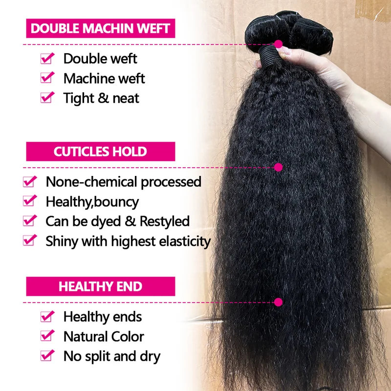 Human Hair Extensions 12A Kinky Straight Bundles - 20, 22, 24 Inch, 100% Remy Hair