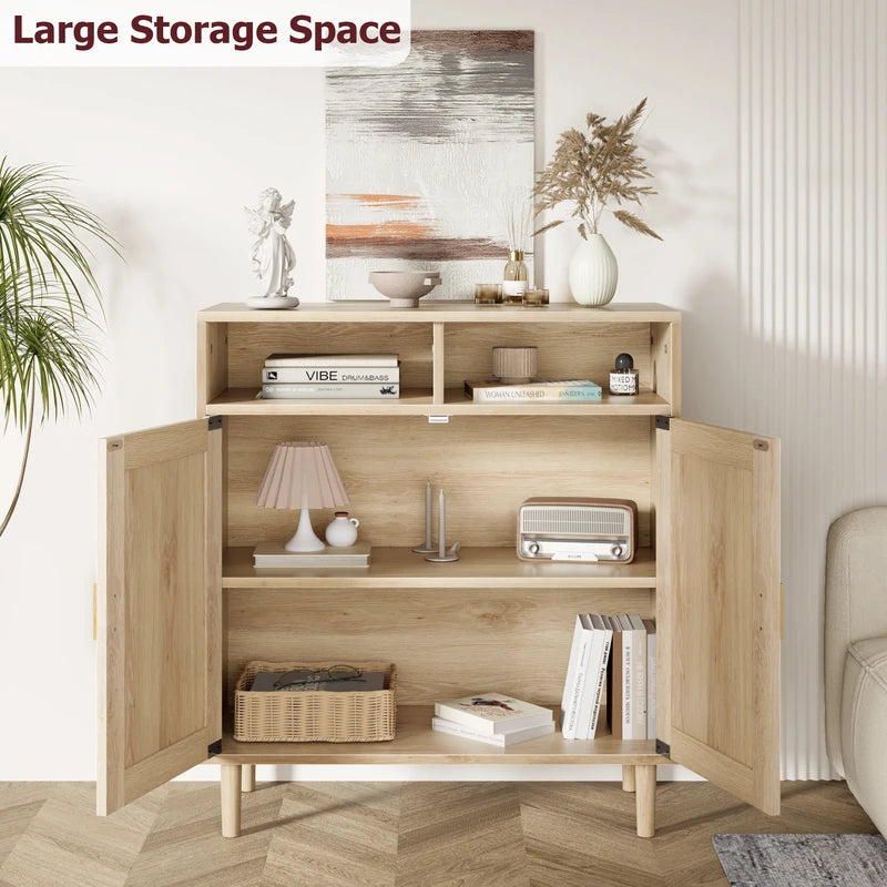 Modern Rattan Buffet Sideboard Cabinet with Shelves - Farmhouse TV Stand & Kitchen Console