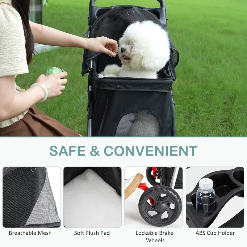 Foldable Pet Stroller for Small Dogs Cats - 3 Wheels, Mesh Windows, Storage