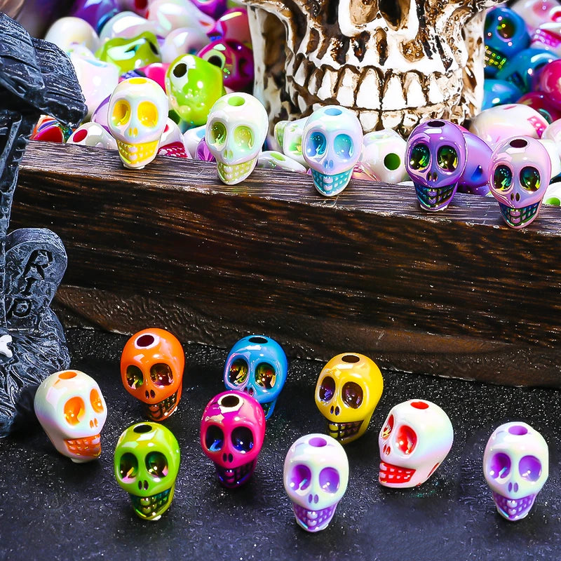 10pcs Colored 3D Skull Beads Acrylic Skull Jewelry Making Supplies Halloween Craft