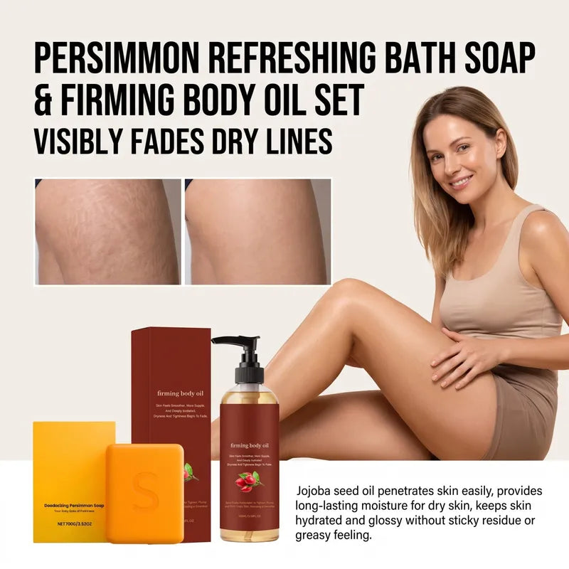 Persimmon Bath Soap & Firming Body Oil Set - Hydrating Deep Clean & Skin Firming