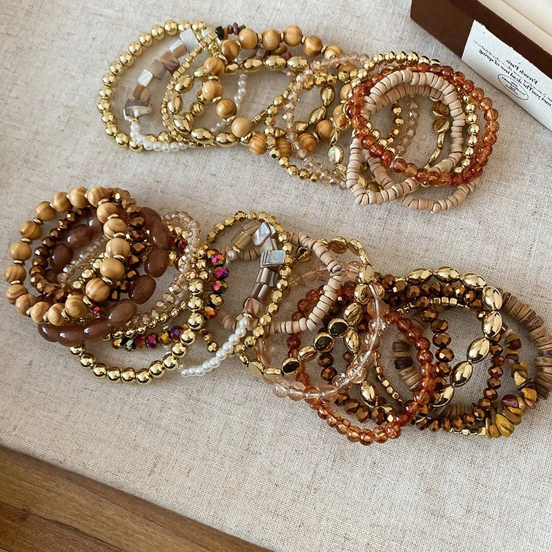 Vintage Glass & Wooden Beaded Bracelets Set - Ethnic Boho Style, Stackable Jewelry for Women Men