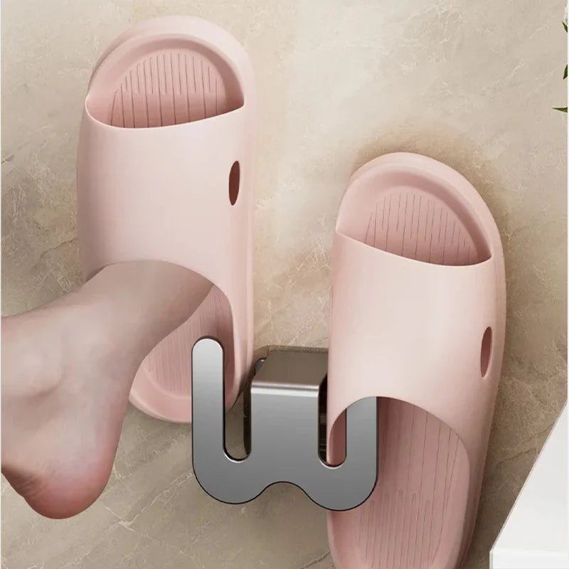 Wall-Mounted Shoe Rack and Slippers Organizer with Hooks for Bathroom and Bedroom Storage