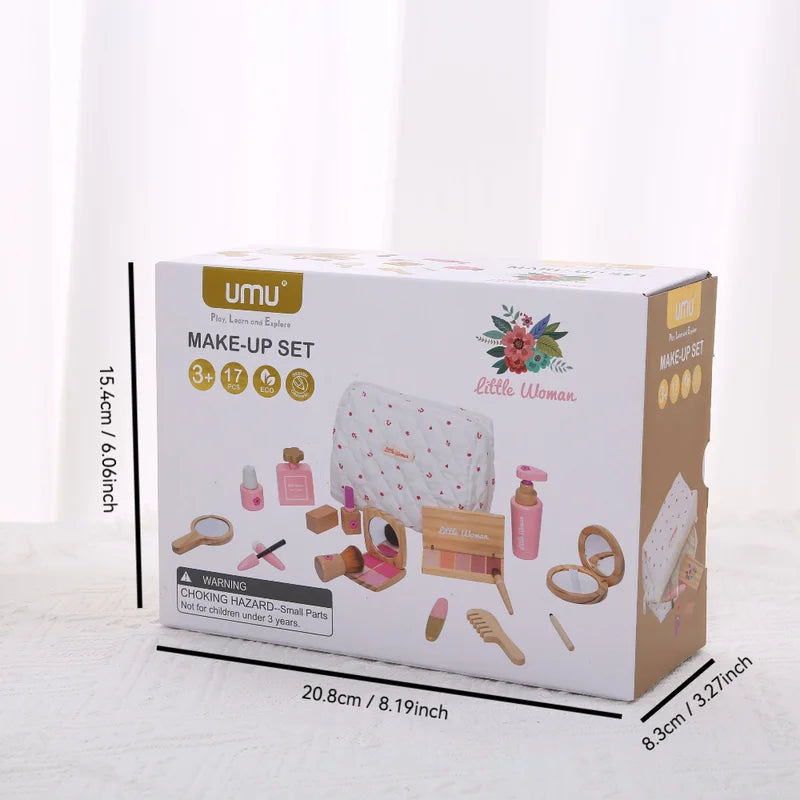 Kids' Pretend Makeup Toy Wooden Dress-Up Vanity Set with Makeup Bag for Girls