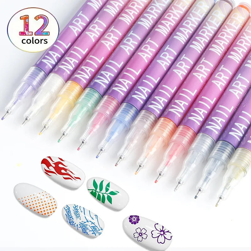 12 Colors Acrylic Nail Art Pen Set - Waterproof Quick Dry DIY Manicure Markers